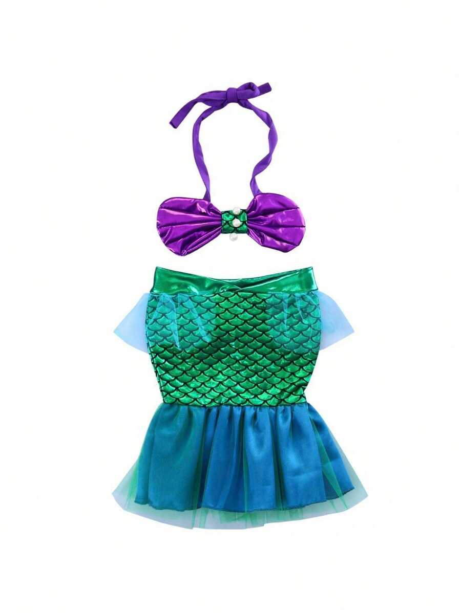 Baby Mermaid Tail Halter Bikini Swimsuit 2PCS Set with Pearl Shell Top