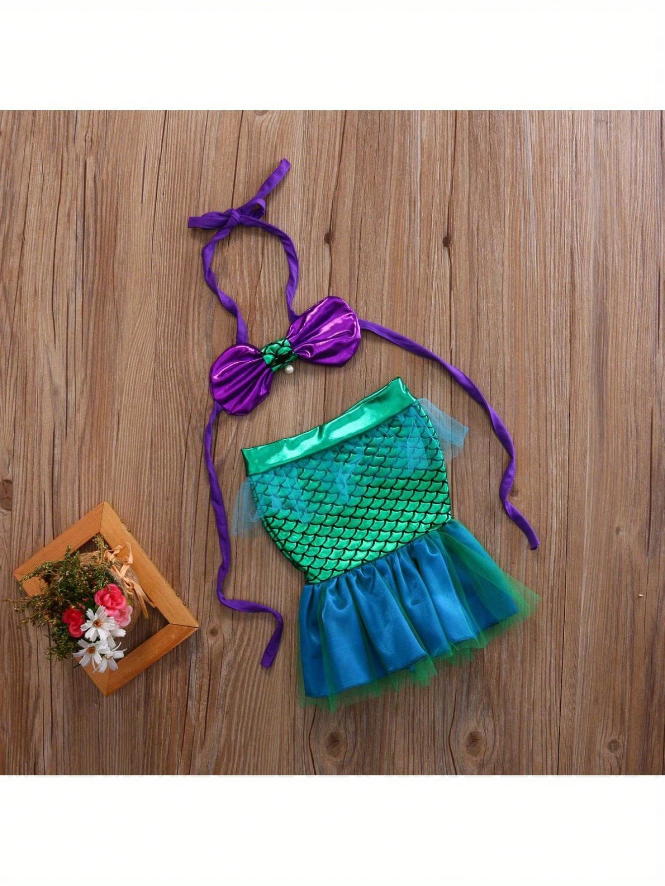 Baby Mermaid Tail Halter Bikini Swimsuit 2PCS Set with Pearl Shell Top