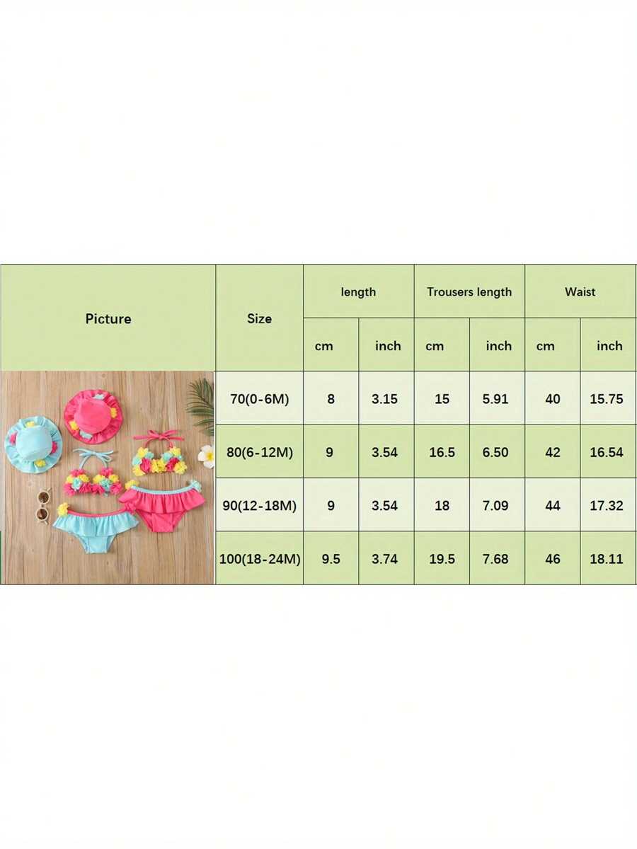 Baby Girl Floral Halter Swimsuit 3PCS Set with Sun Protection Hat