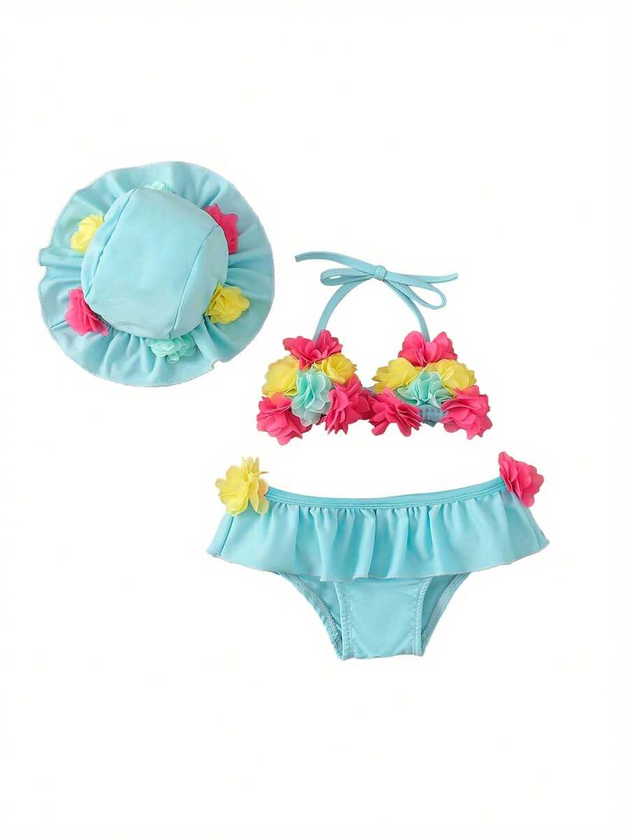 Baby Girl Floral Halter Swimsuit 3PCS Set with Sun Protection Hat