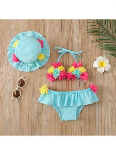 Baby Girl Floral Halter Swimsuit 3PCS Set with Sun Protection Hat