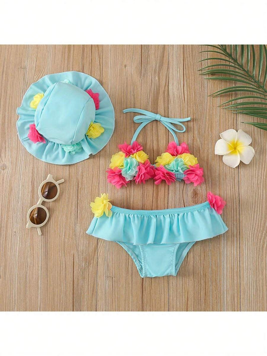 Baby Girl Floral Halter Swimsuit 3PCS Set with Sun Protection Hat