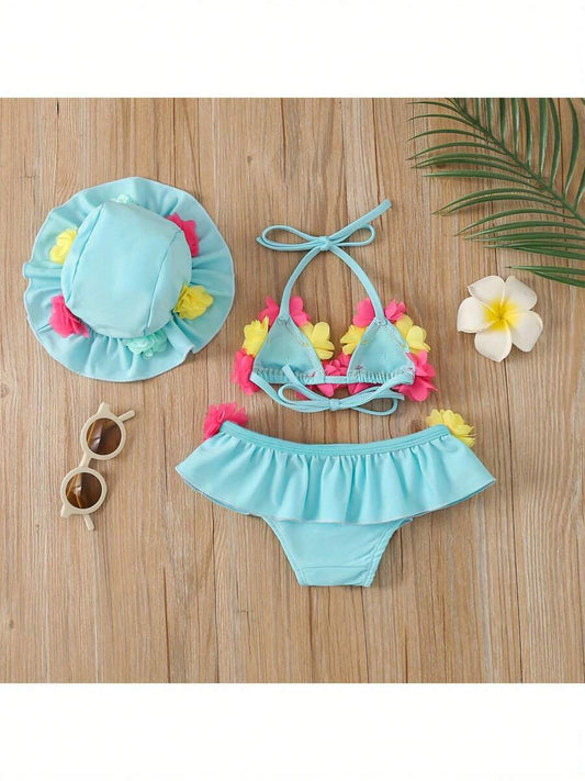 Baby Girl Floral Halter Swimsuit 3PCS Set with Sun Protection Hat