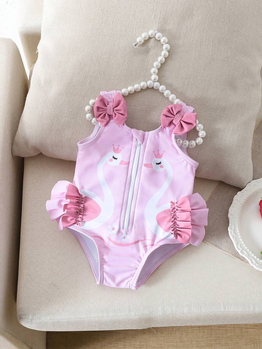 Baby Swan Print Zipper One-Piece Swimsuit with 3D Bow and Ruffle Details