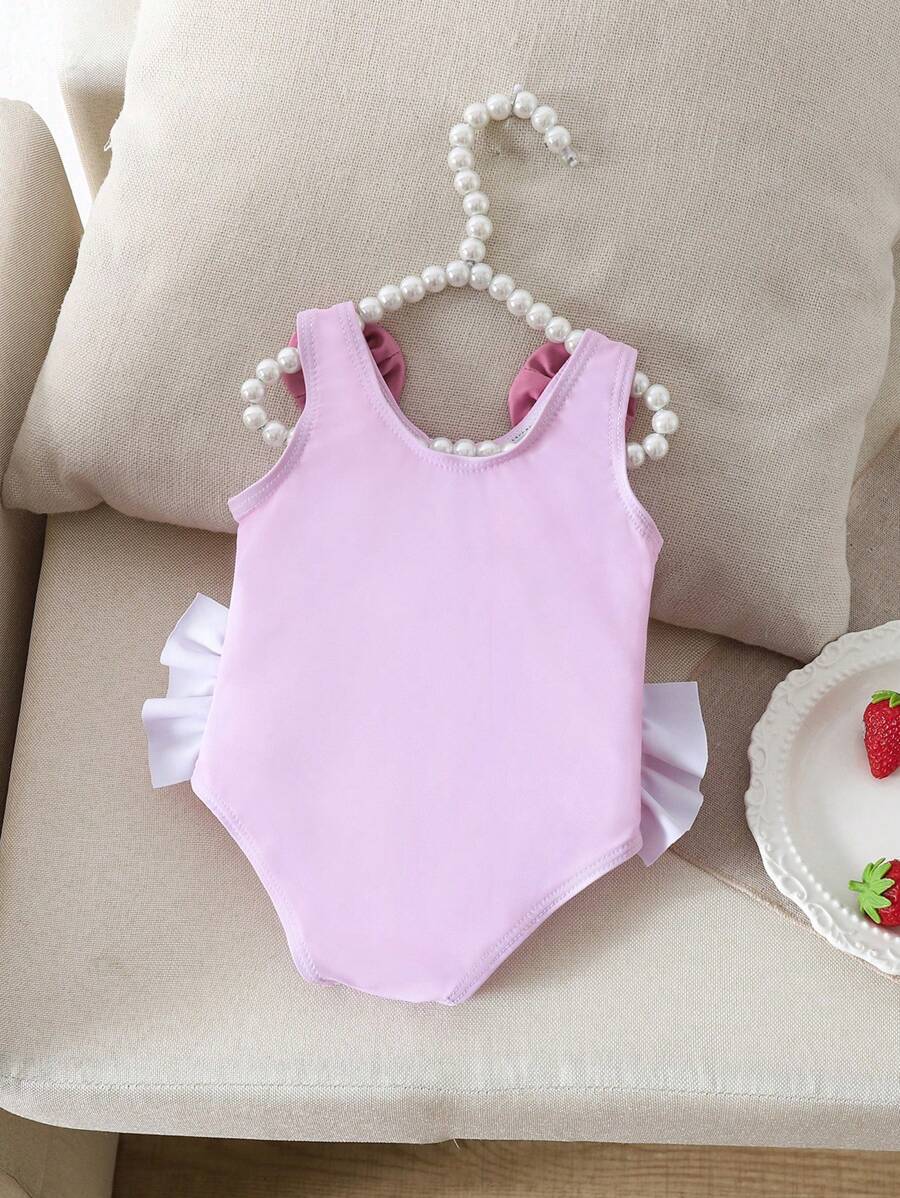 Baby Swan Print Zipper One-Piece Swimsuit with 3D Bow and Ruffle Details