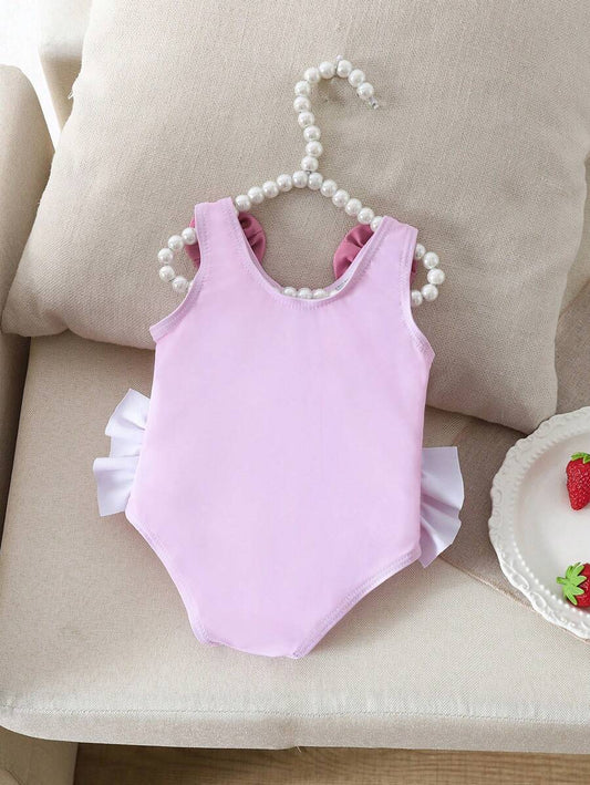 Baby Swan Print Zipper One-Piece Swimsuit with 3D Bow and Ruffle Details