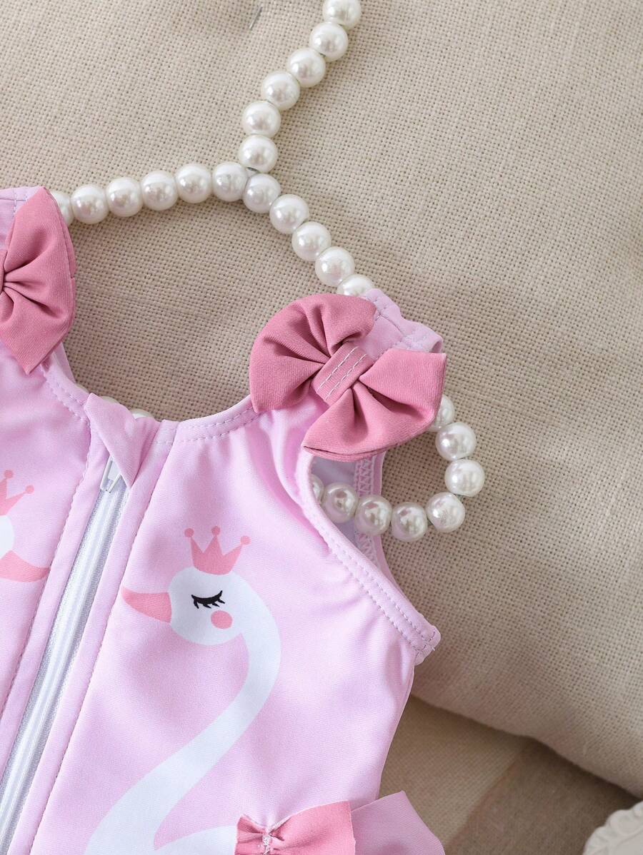 Baby Swan Print Zipper One-Piece Swimsuit with 3D Bow and Ruffle Details