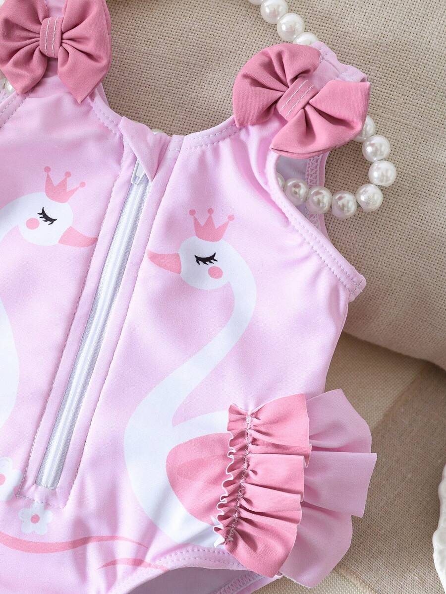 Baby Swan Print Zipper One-Piece Swimsuit with 3D Bow and Ruffle Details
