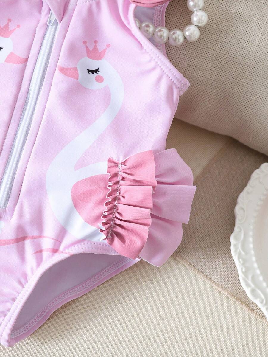 Baby Swan Print Zipper One-Piece Swimsuit with 3D Bow and Ruffle Details