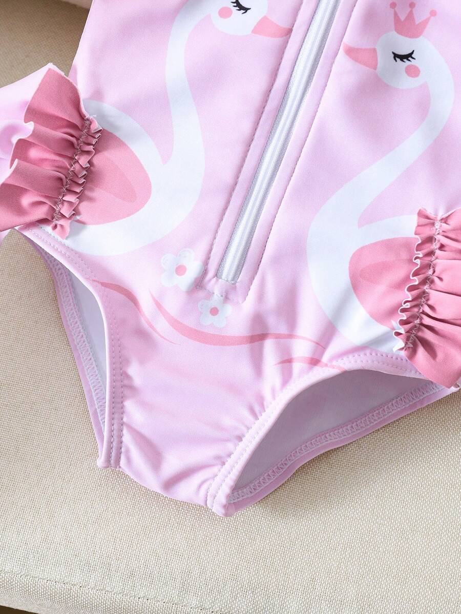 Baby Swan Print Zipper One-Piece Swimsuit with 3D Bow and Ruffle Details