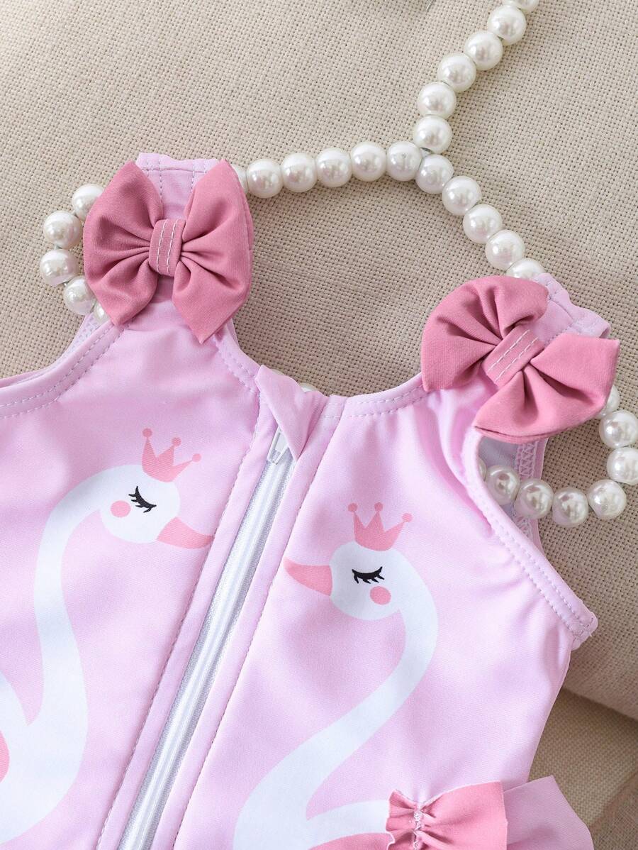 Baby Swan Print Zipper One-Piece Swimsuit with 3D Bow and Ruffle Details