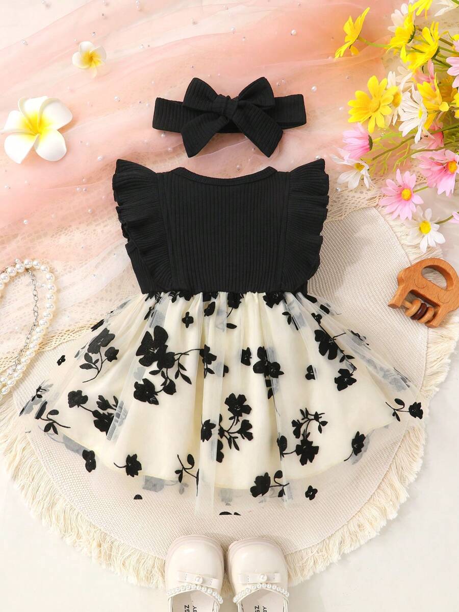 Toddler Girls Embroidered Mesh Dress And Headband Set Cute Vacation Party Outfit