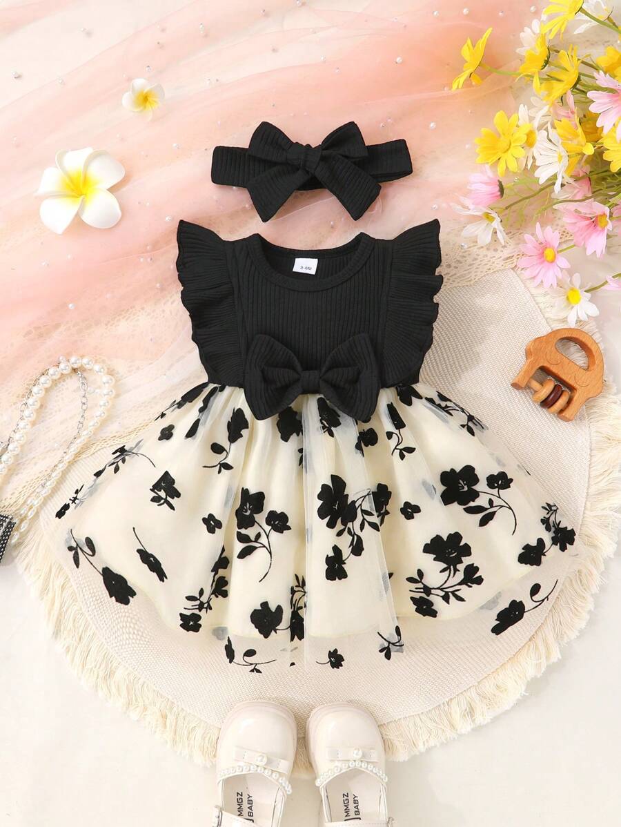 Toddler Girls Embroidered Mesh Dress And Headband Set Cute Vacation Party Outfit