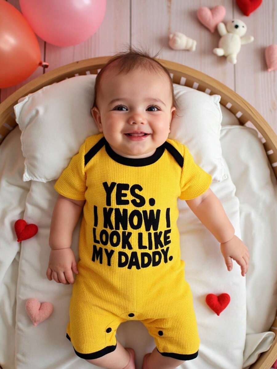 Baby Striped Letter Print Short Sleeve Romper for Casual Summer Daily Wear