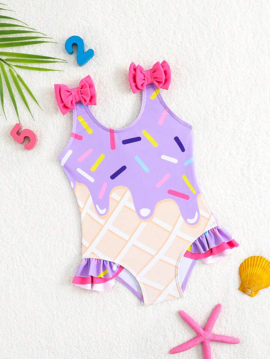 Baby Girls Bow Decor One Piece Swimsuit Cute Beach Vacation Swimwear