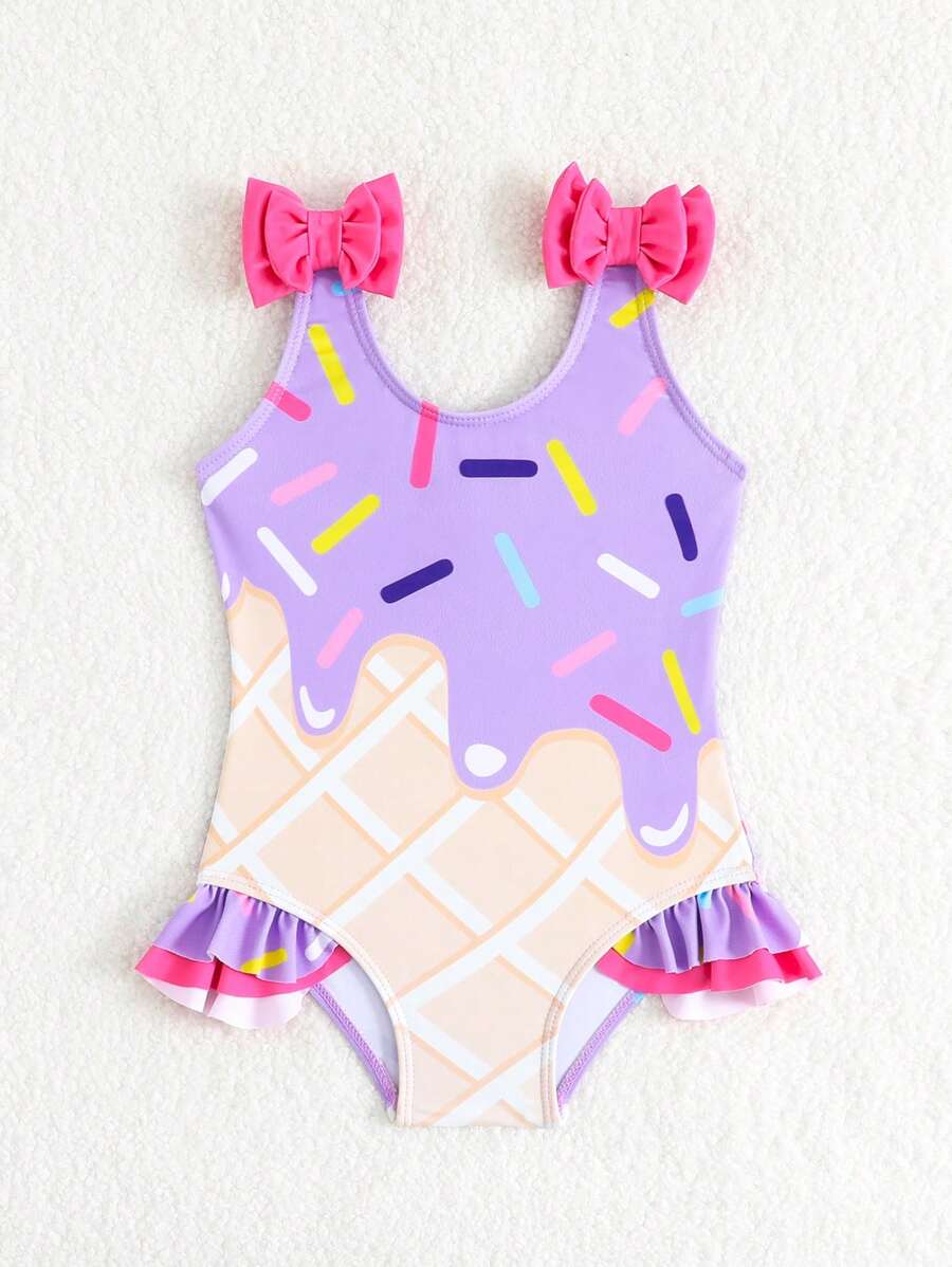 Baby Girls Bow Decor One Piece Swimsuit Cute Beach Vacation Swimwear
