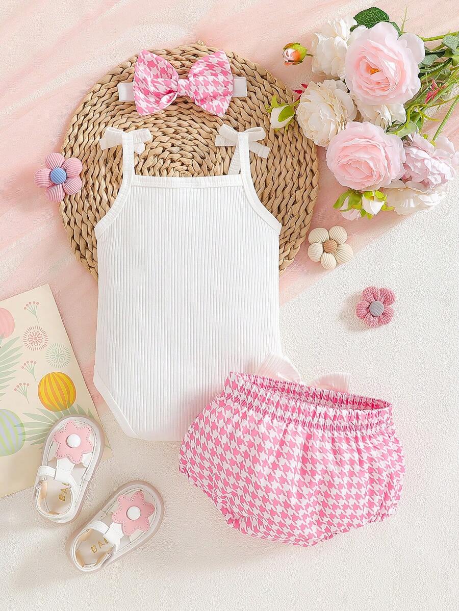 3pcs Baby Girl Summer Outfit Set With Suspender Top Bloomers And Headband