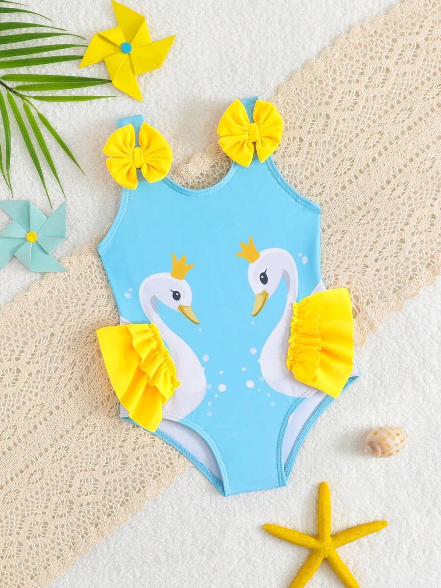 Baby Girls Cartoon Graphic One Piece Swimsuit With Bow Front And Ruffle Trim