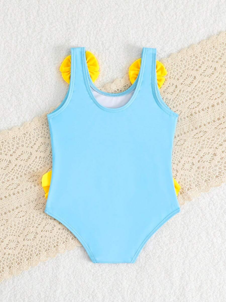 Baby Girls Cartoon Graphic One Piece Swimsuit With Bow Front And Ruffle Trim