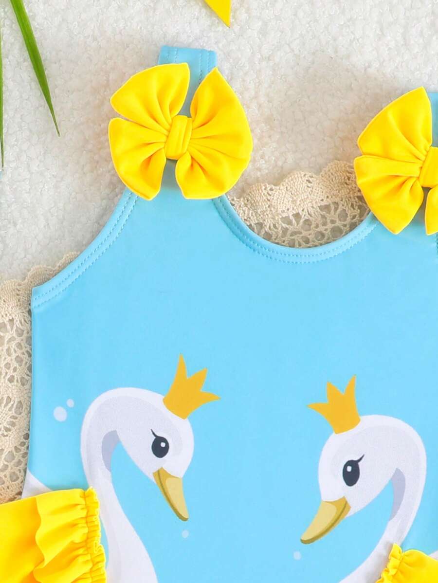 Baby Girls Cartoon Graphic One Piece Swimsuit With Bow Front And Ruffle Trim