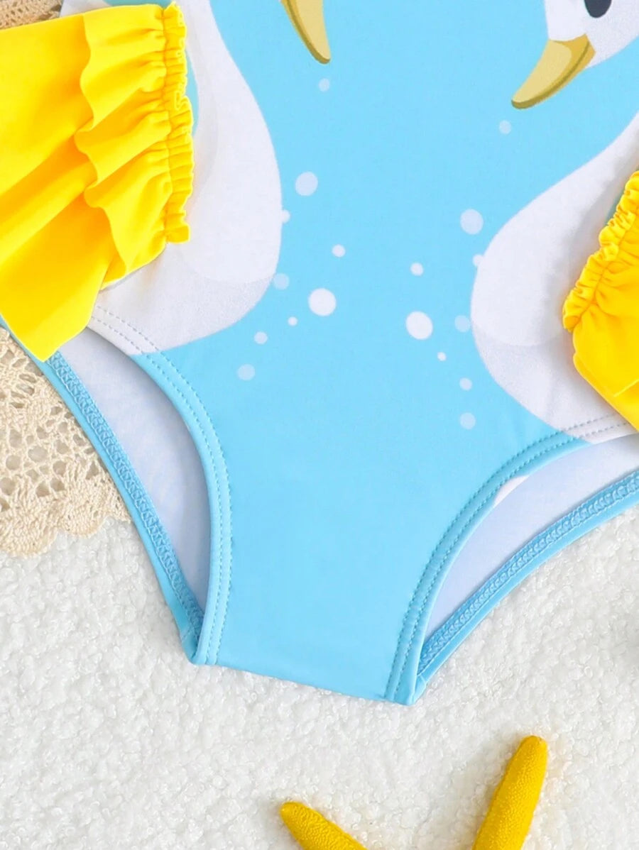 Baby Girls Cartoon Graphic One Piece Swimsuit With Bow Front And Ruffle Trim
