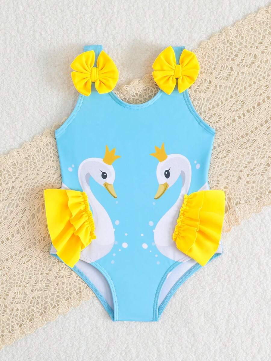 Baby Girls Cartoon Graphic One Piece Swimsuit With Bow Front And Ruffle Trim