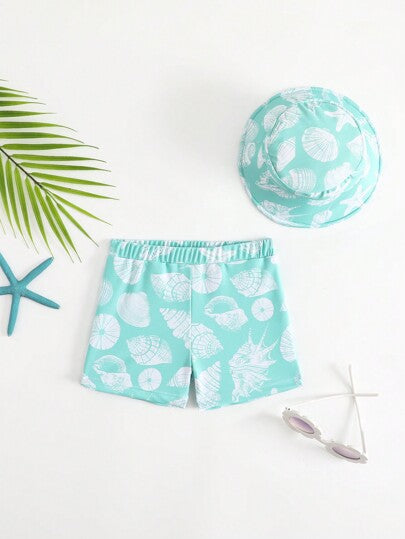 Baby Shell Print Swim Trunks and Matching Sun Hat Set for Summer Beach Days