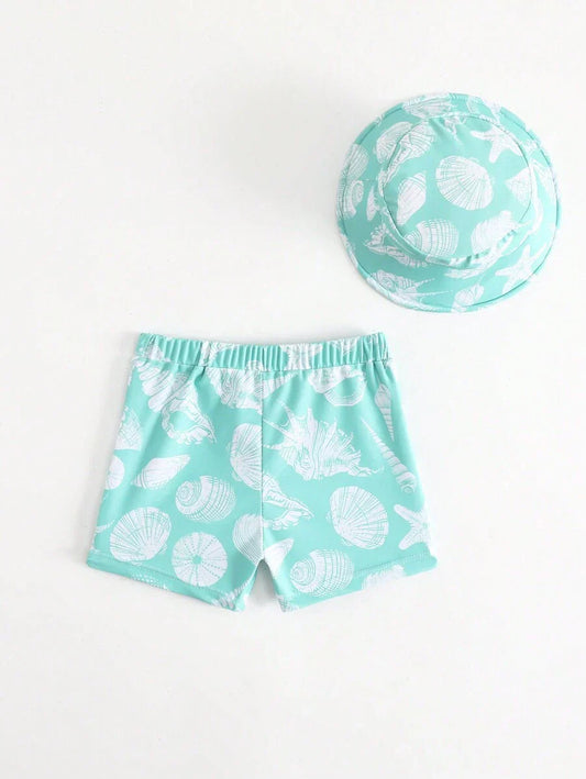 Baby Shell Print Swim Trunks and Matching Sun Hat Set for Summer Beach Days