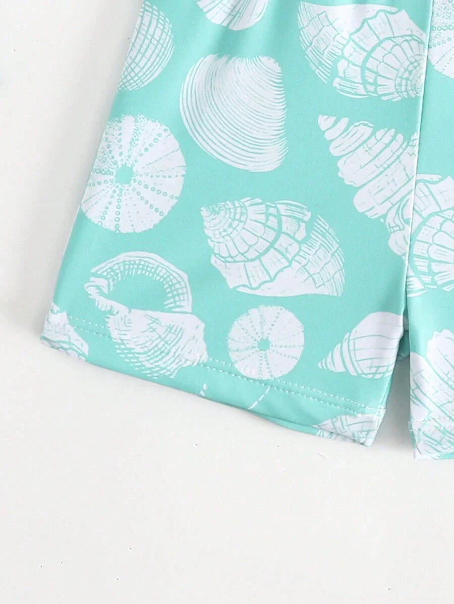 Baby Shell Print Swim Trunks and Matching Sun Hat Set for Summer Beach Days