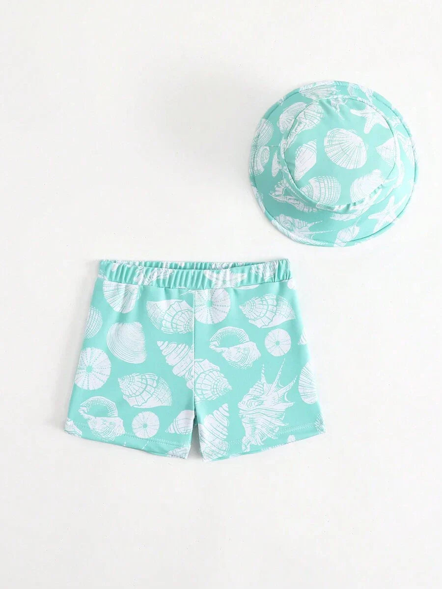 Baby Shell Print Swim Trunks and Matching Sun Hat Set for Summer Beach Days