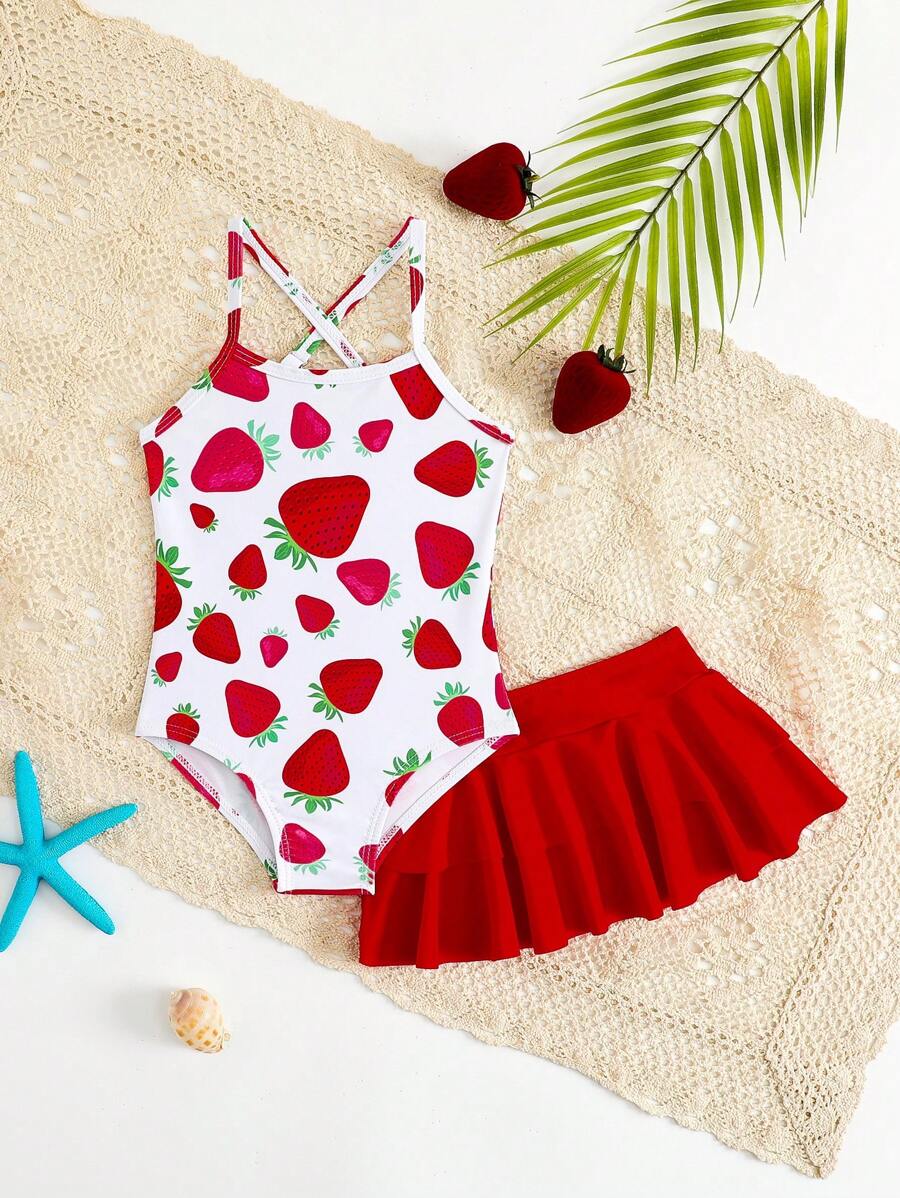 Little Girls Strawberry Swim Dress One Piece Beach Vacation Swimwear