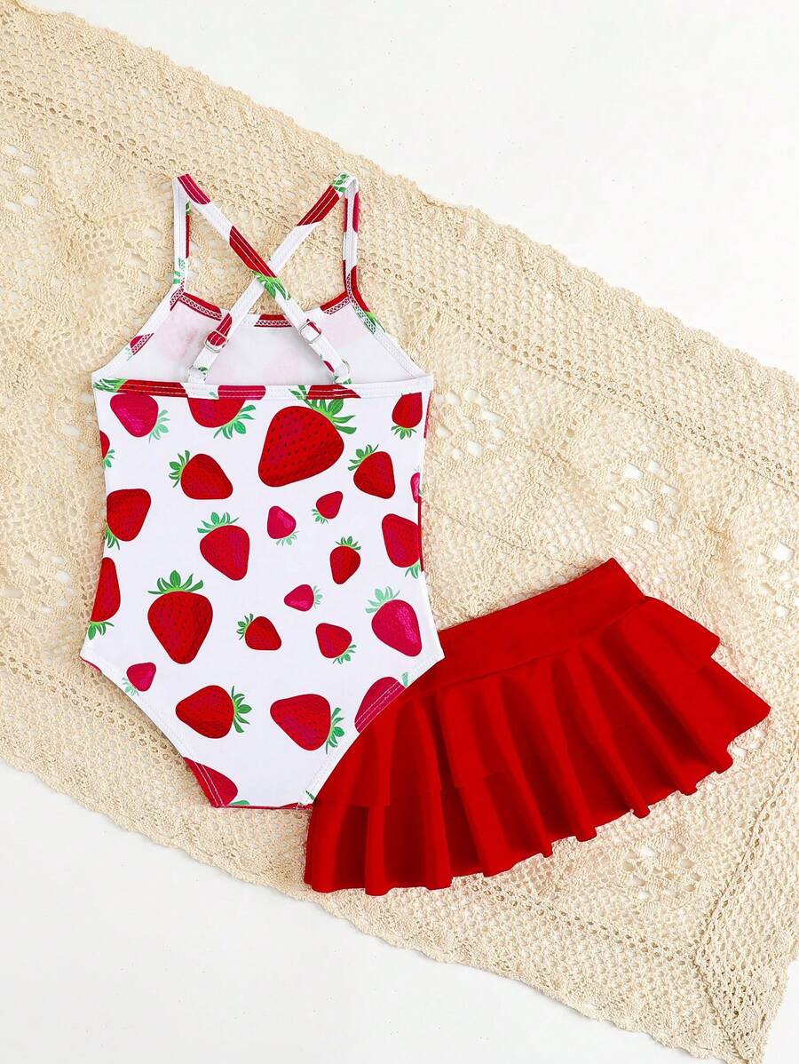 Little Girls Strawberry Swim Dress One Piece Beach Vacation Swimwear