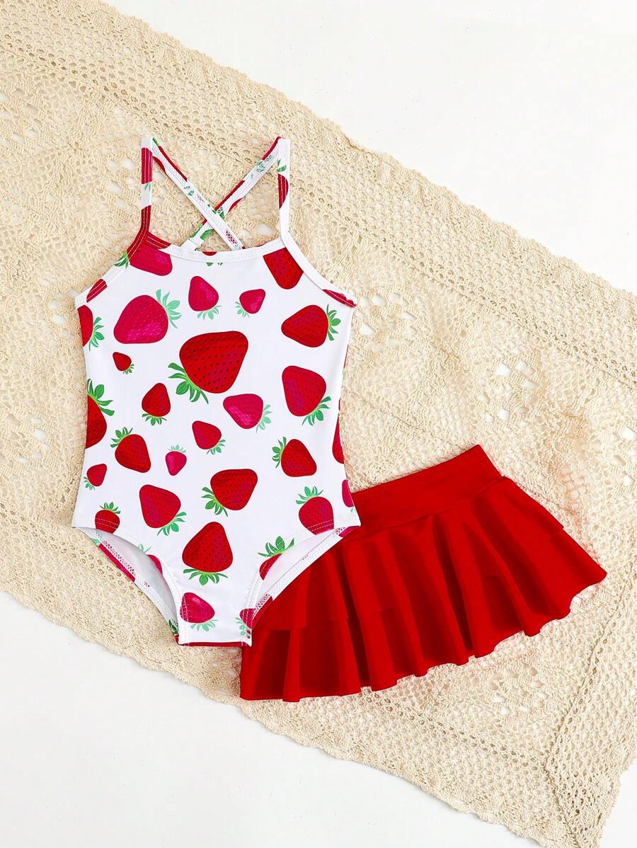Little Girls Strawberry Swim Dress One Piece Beach Vacation Swimwear