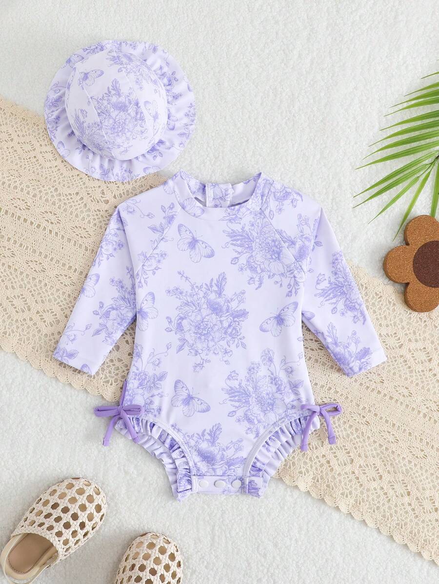 Baby Floral Print Ruffle Long Sleeve Swimsuit Set with Matching Swim Cap