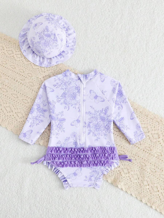 Baby Floral Print Ruffle Long Sleeve Swimsuit Set with Matching Swim Cap
