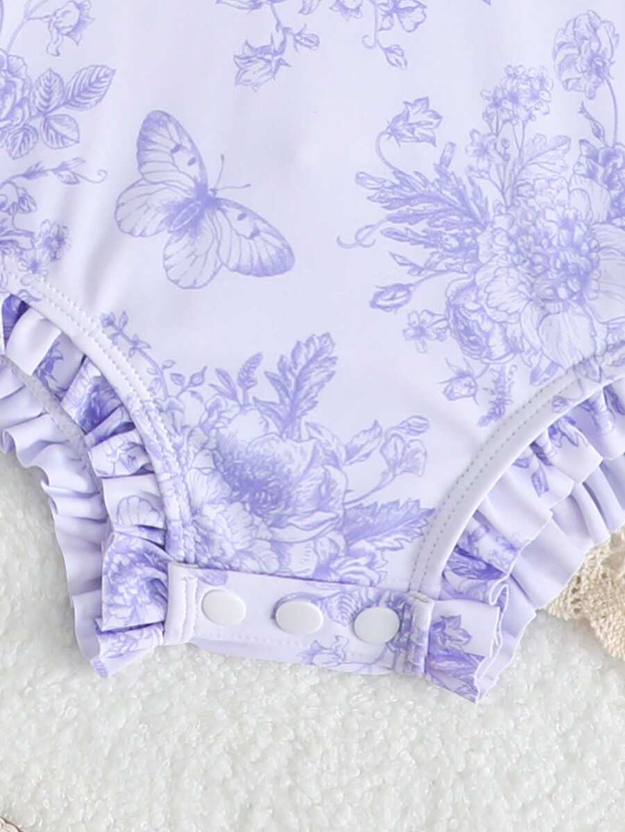Baby Floral Print Ruffle Long Sleeve Swimsuit Set with Matching Swim Cap