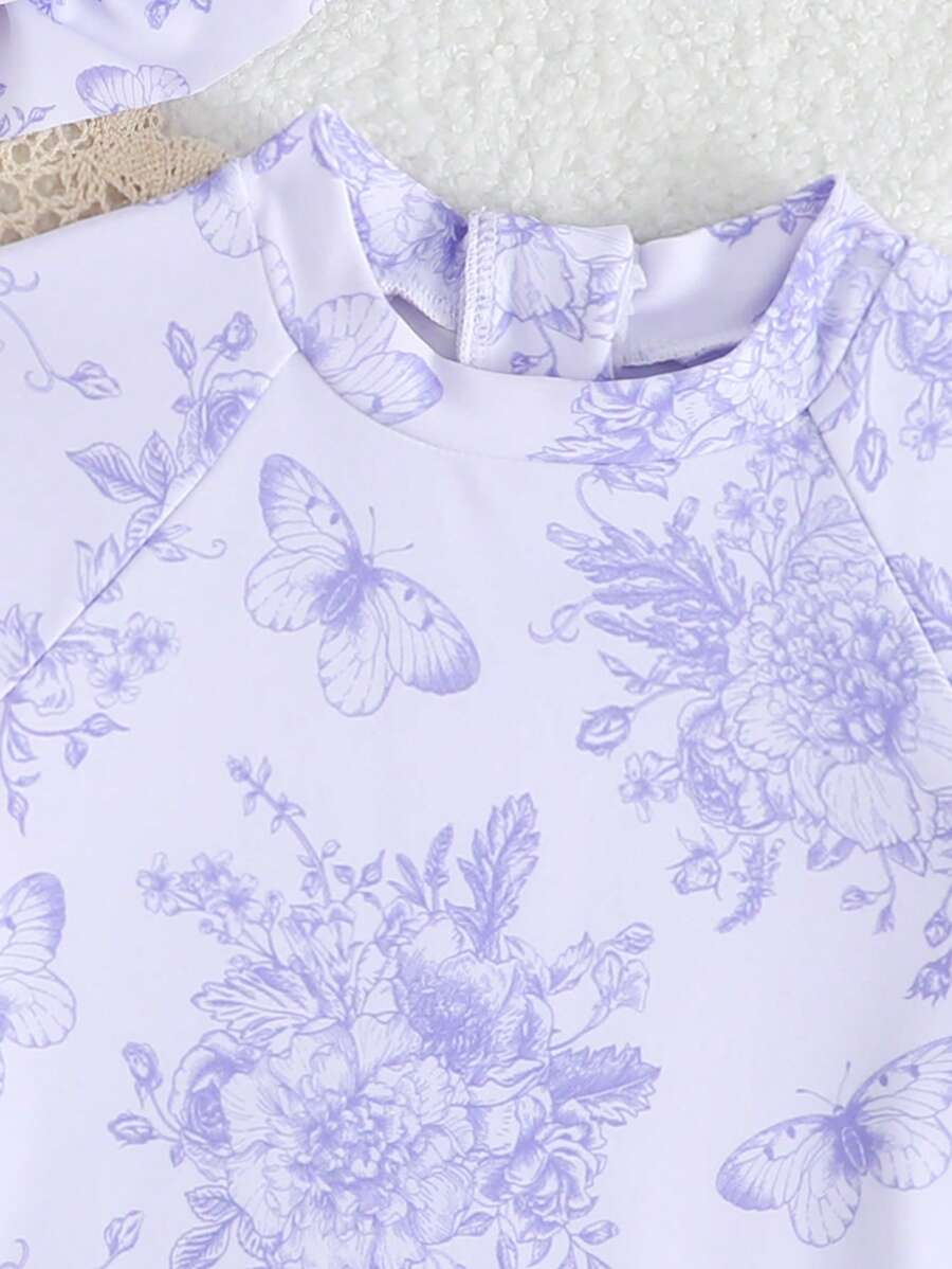 Baby Floral Print Ruffle Long Sleeve Swimsuit Set with Matching Swim Cap