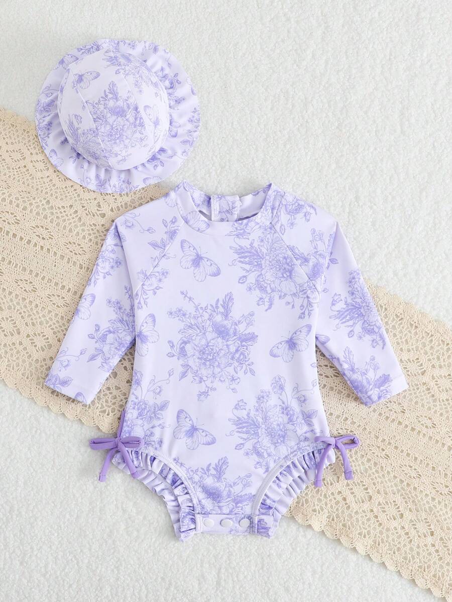 Baby Floral Print Ruffle Long Sleeve Swimsuit Set with Matching Swim Cap