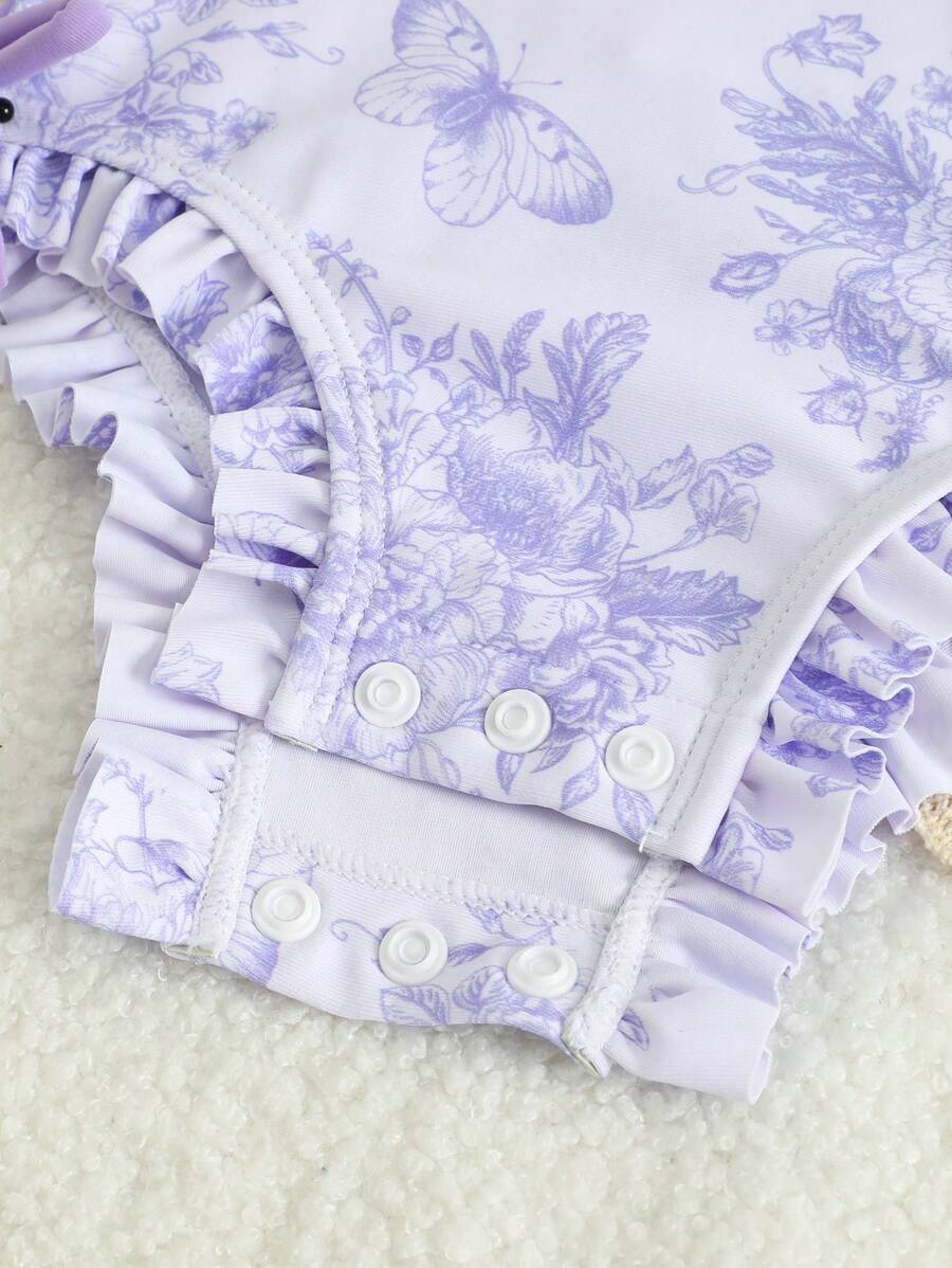 Baby Floral Print Ruffle Long Sleeve Swimsuit Set with Matching Swim Cap