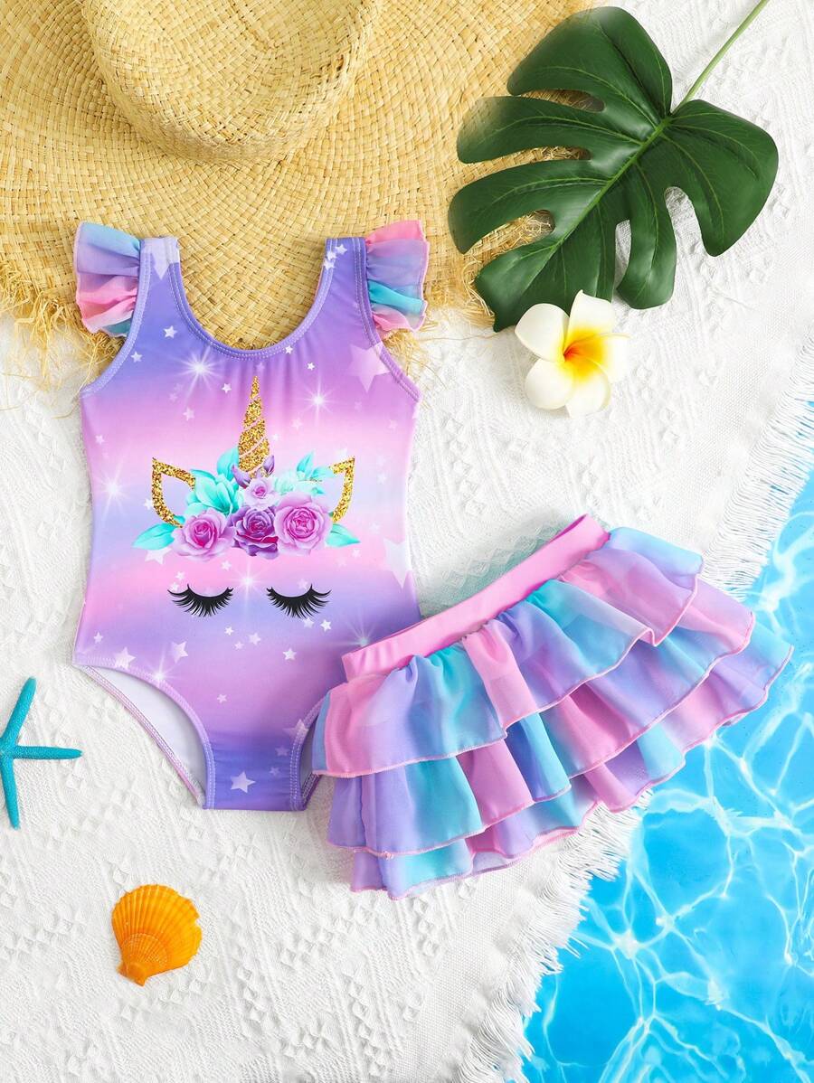 Rainbow Mesh One Piece Swimsuit For Baby Girls Cute Unicorn Beachwear