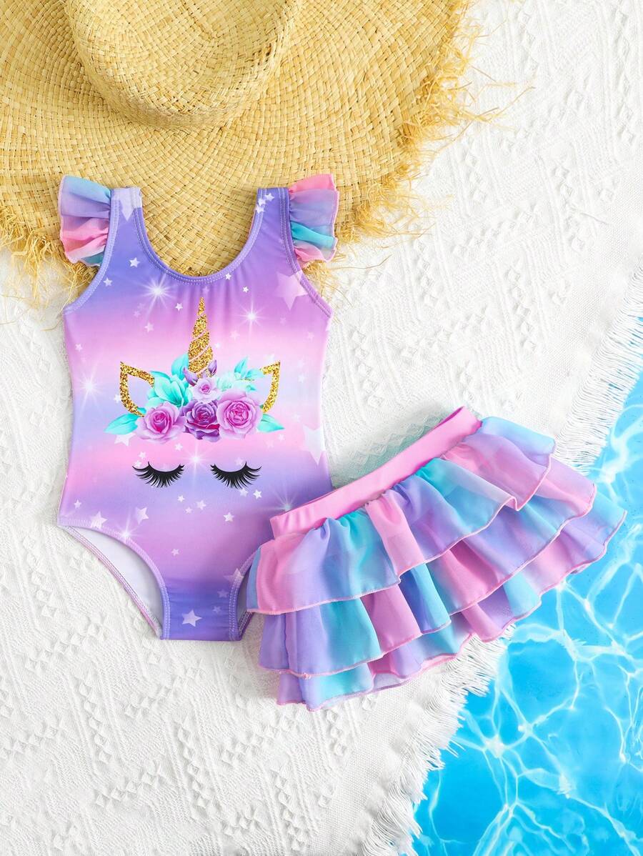 Rainbow Mesh One Piece Swimsuit For Baby Girls Cute Unicorn Beachwear