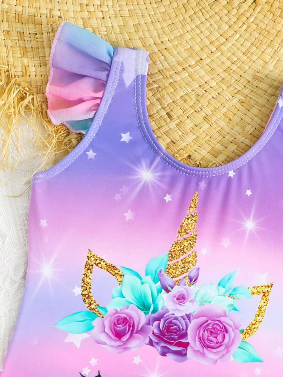 Rainbow Mesh One Piece Swimsuit For Baby Girls Cute Unicorn Beachwear