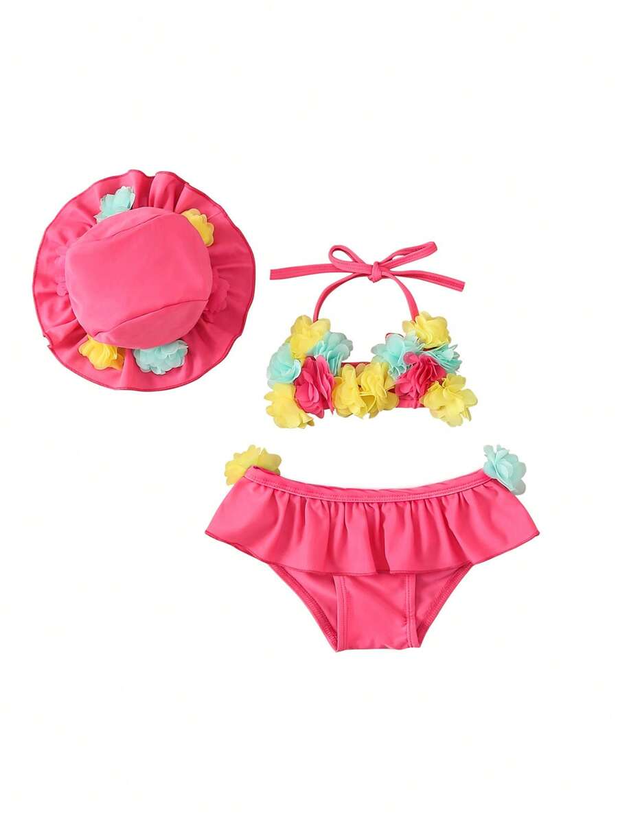 Summer Beach Bikini Outfit For Baby Girls With Halter Top And Matching Hat