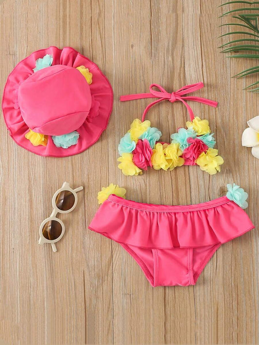 Summer Beach Bikini Outfit For Baby Girls With Halter Top And Matching Hat