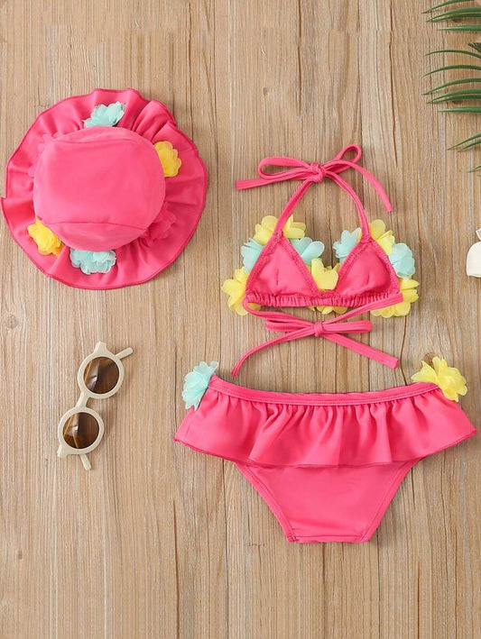 Summer Beach Bikini Outfit For Baby Girls With Halter Top And Matching Hat