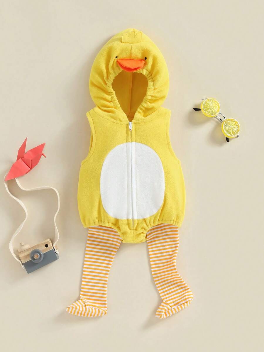 Hooded Chick Romper with Striped Socks for Cute Summer Daily Wear
