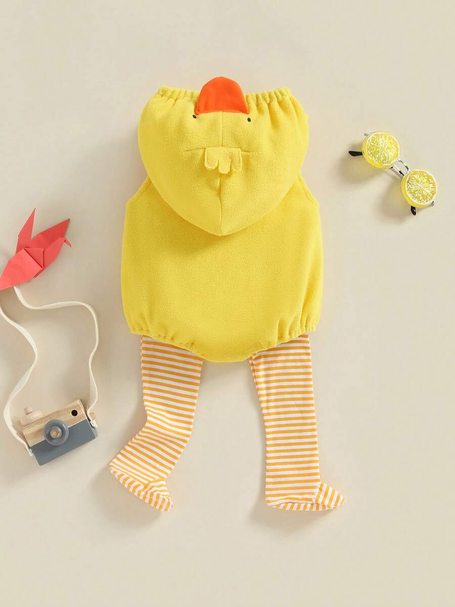Hooded Chick Romper with Striped Socks for Cute Summer Daily Wear
