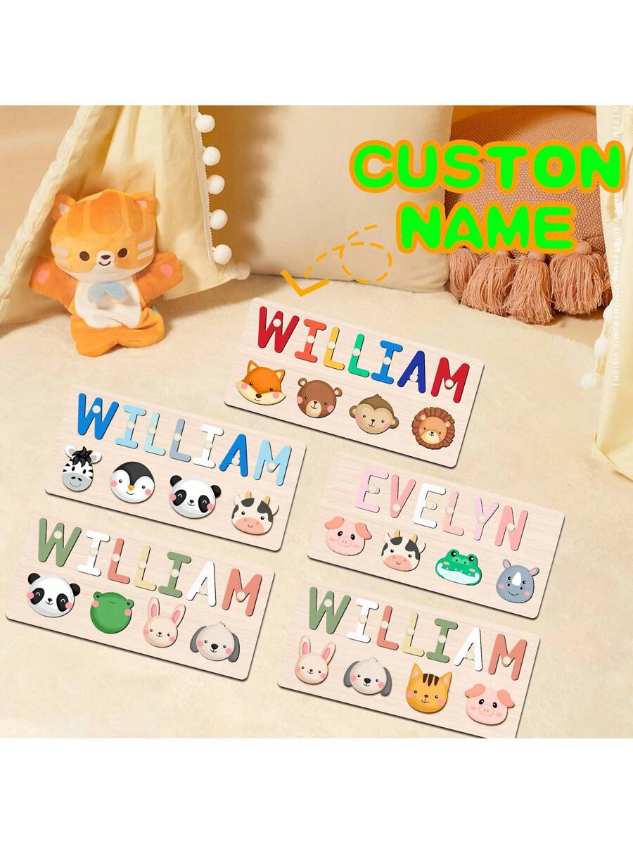 Personalized Wooden Name Puzzle for Babies, Custom Name Blocks with Animals, Birthday & Christmas Gift