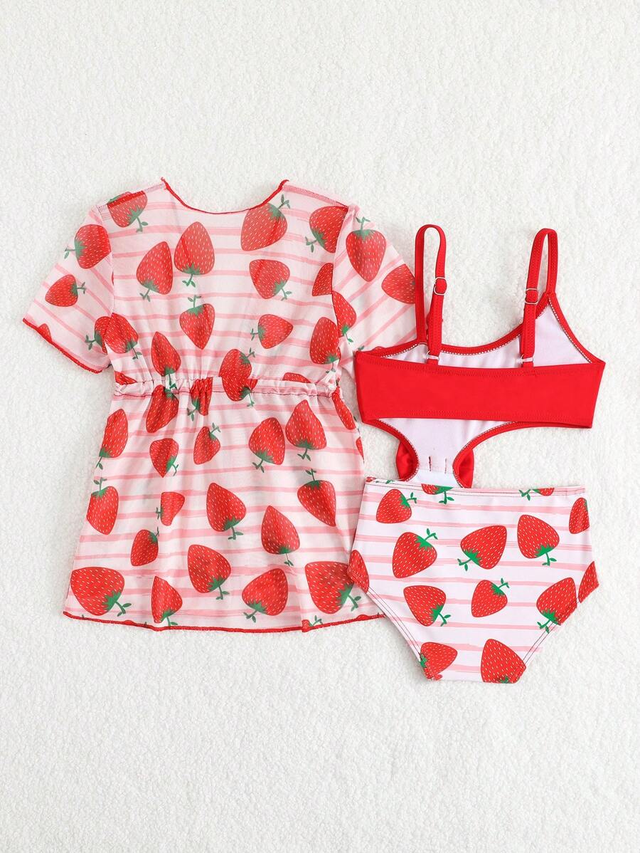 Summer Beach Outfit For Little Girls With Palm Print Swimsuit And Cover Up