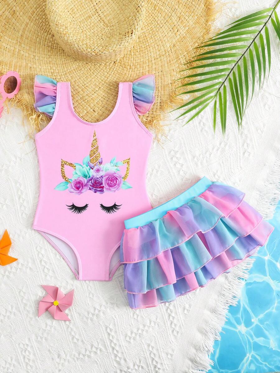 Rainbow Mesh One Piece Swimsuit For Baby Girls Cute Unicorn Beachwear